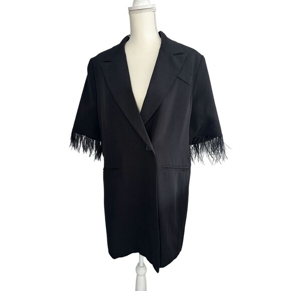 BLACK Faux Feather Sleeve Blazer Dress Size Large - Picture 1 of 6